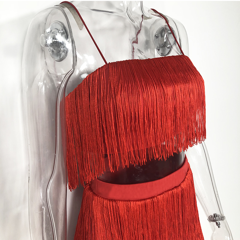 NewAsia Garden Two Piece Set Summer Fringed 2 Piece Set Women Tassel Crop Top And Skirt Set Sexy Outfits For Women Matching Sets