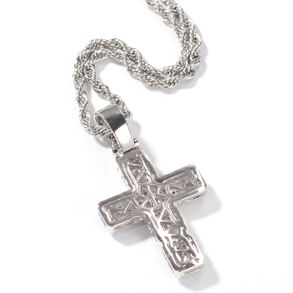 Hip Hop Shining White Zircon Cross Pendant Necklace Platinum Plated Necklace Men Women Lover Gift Religious Jewelry