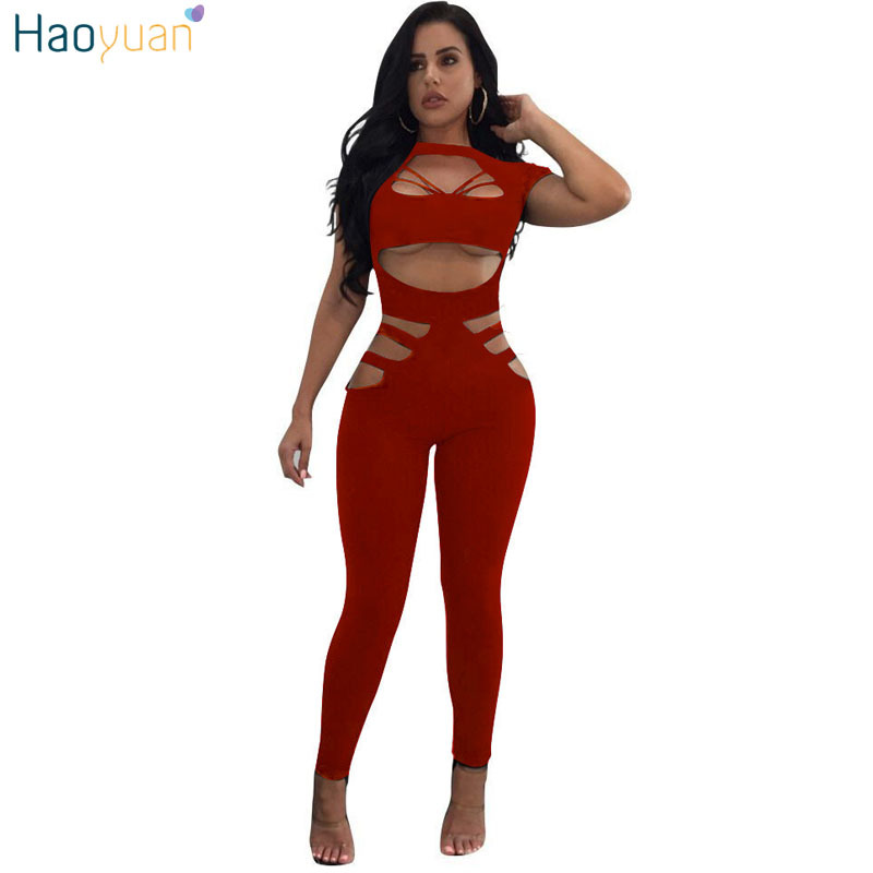 HAOYUAN Rompers Womens Jumpsuit Bodycon Hollow Out Overalls 2017 Fall Black Red Bodysuit Leotard Sexy Clubwear Bandage Jumpsuit q1110