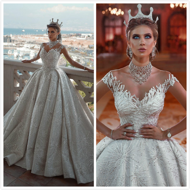 sexy arabian charm wedding dresses long sleeve beadwork embellished sheer neckline bridal attire model zj115