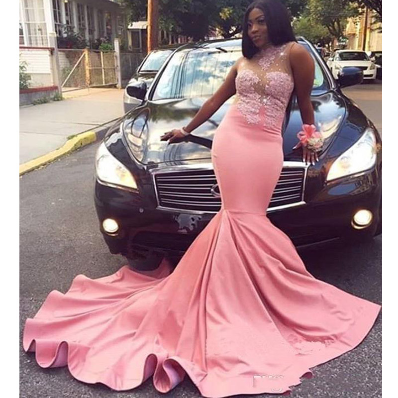 Black Girls Mermaid Prom Dresses Long 2020 Sexy Sheer Bust Pink Formal Evening Gowns High Neck Lace Cocktail Party Dress Sweet 16 Gown