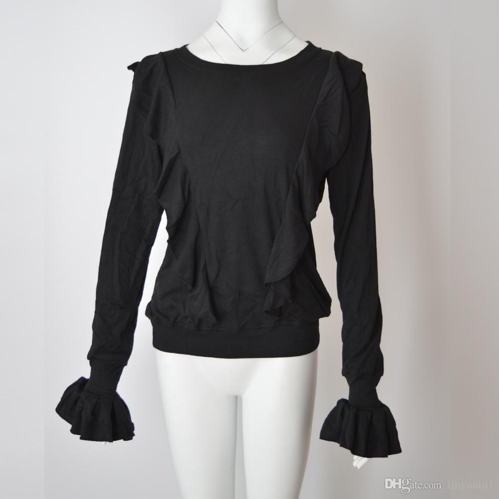 2020 Autumn/ Winter Sweet Vintage Slim Ladies Long-Sleeved Shirt Fungus Ruffled Trumpet Sleeve Knit Women Sweater S-XL