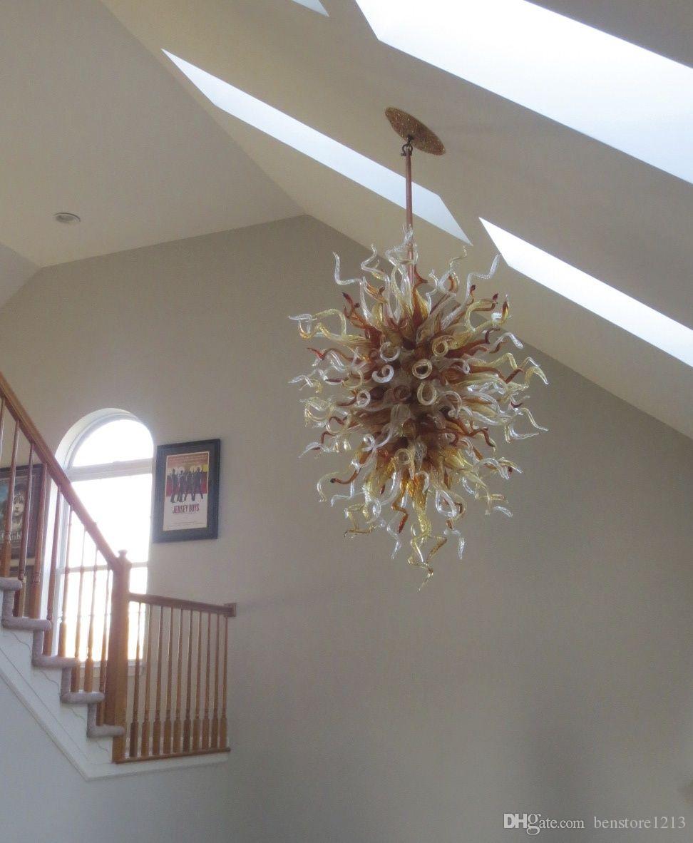 Handicraft Art Glass Chain Crystal Chandelier Golden Color Ceiling Hanging Lamp LED Light 100% Handmade Blown Glass Pendant Chandelier Light