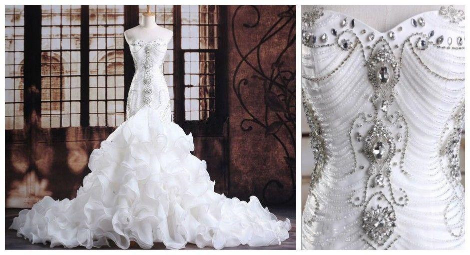 Mermaid Crystal Luxury Wedding Dresses Sweetheart Neckline Diamonds Beaded Bodice Corset Back Ruffles Skirt White Organza Bridal Gowns