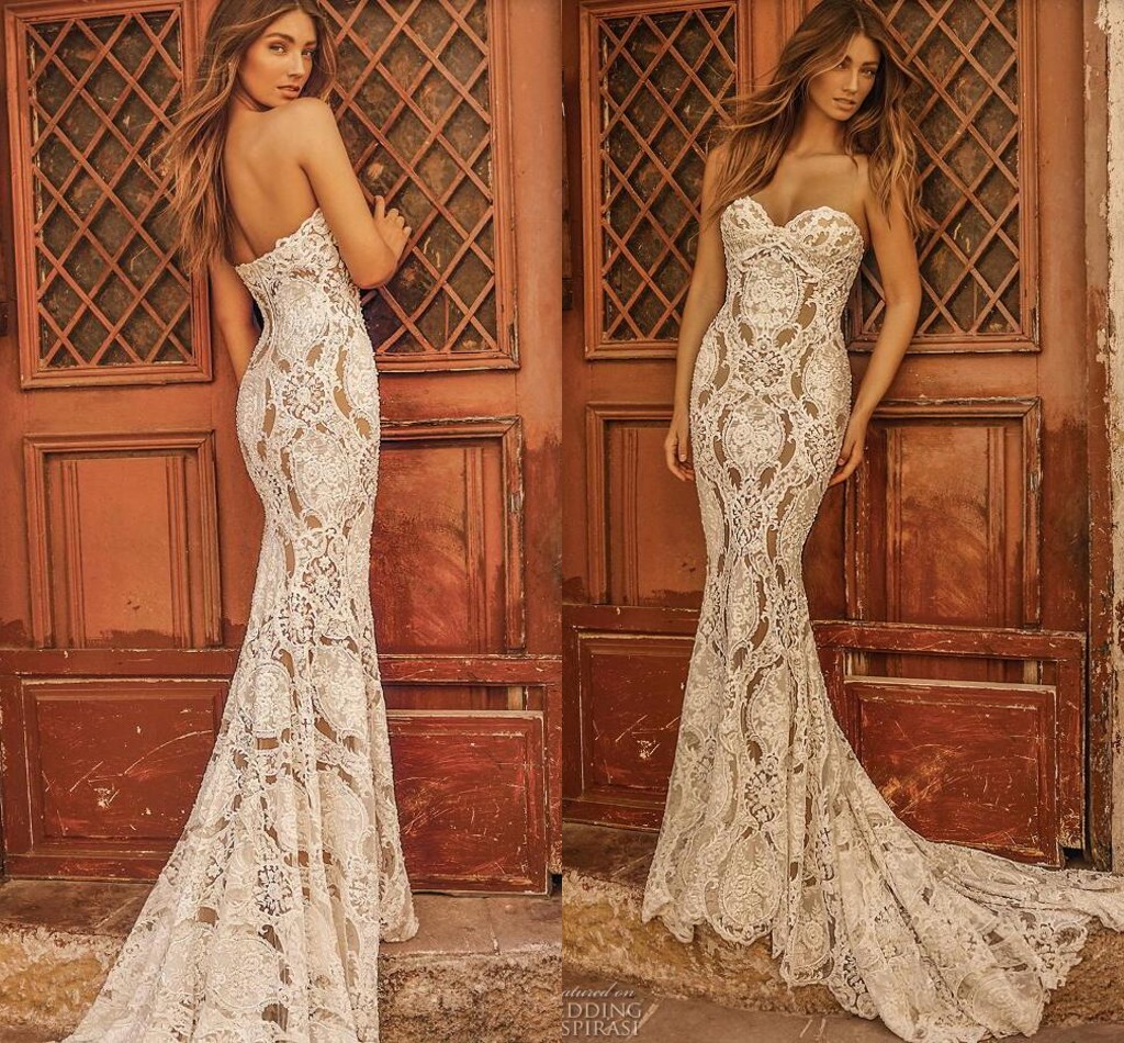 Sexy Mermaid Berta Wedding Dresses 2019 Simple Full Luxury Lace Sweetheart Backless Sweep Train Seaside Holiday Beach Bridal Wedding Gown