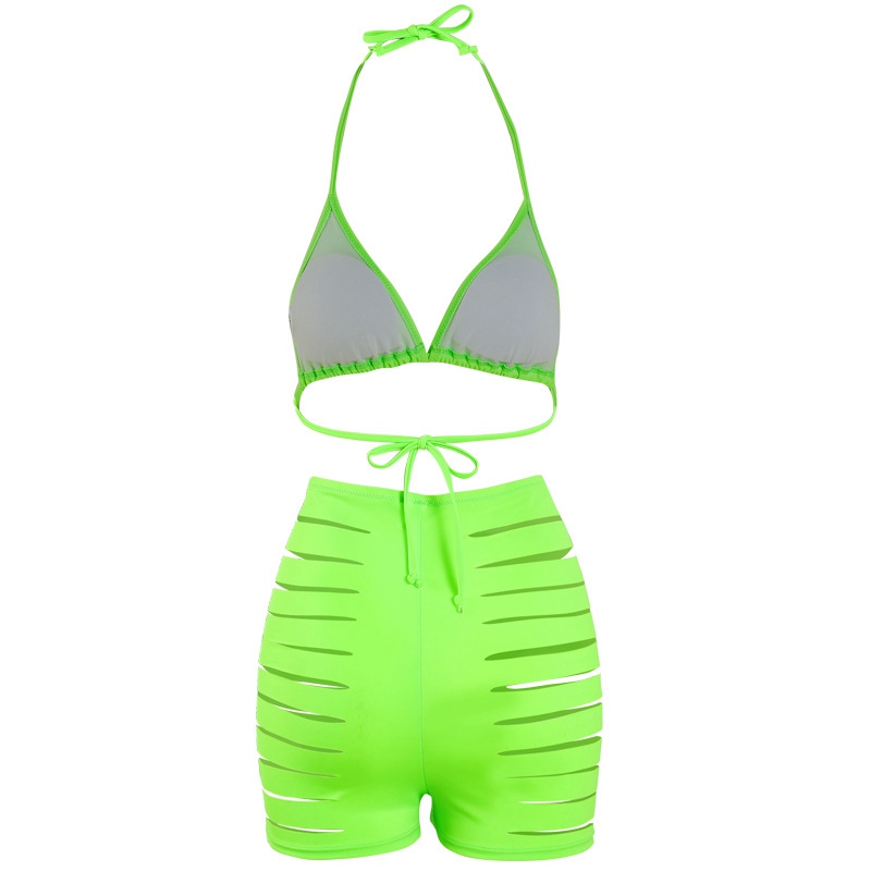 ARXIPA Neon Green Bikini Set Sexy Boyleg Swimsuit Hollow Out Women Swimwear Halter Backless Bathing Suit High Waisted Beachwear Solid