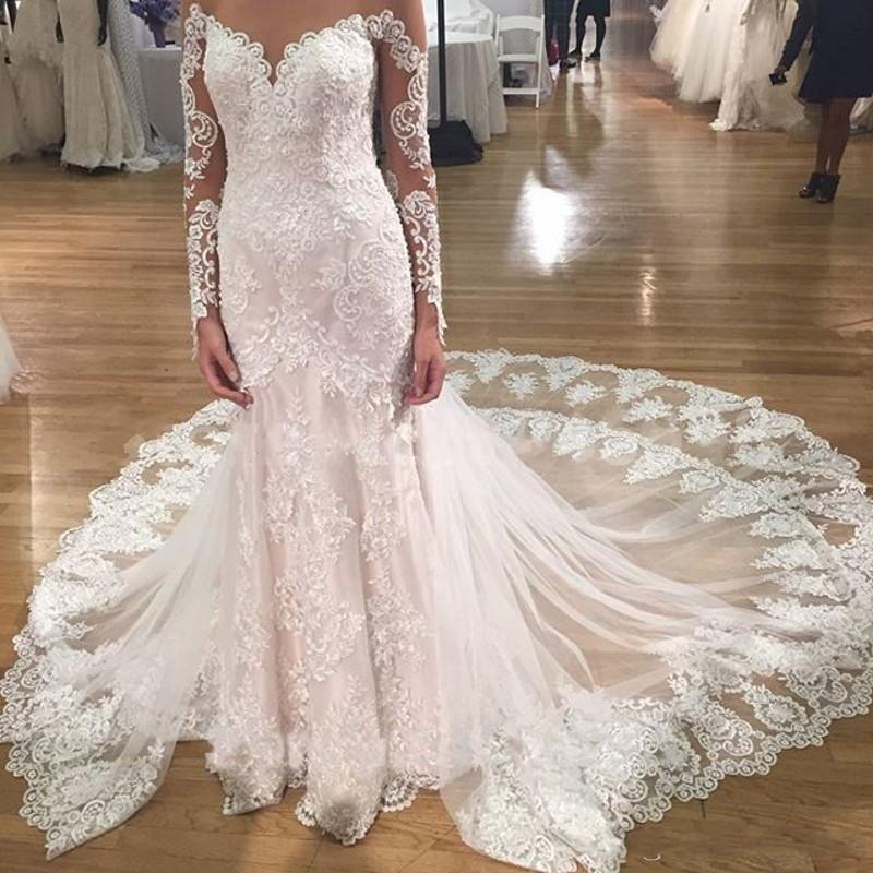 Stunning White Lace Appliqued Beaded Long Sheer Wedding Dresses 2020 Vintage Mermaid Long Sleeves Bridal Gowns Formal Vestidos de novia