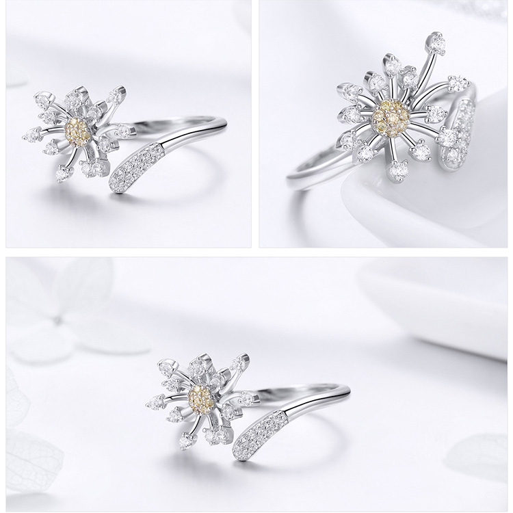 Wholesale-Silver Blooming Dandelion Love Crystal Adjustable Finger Rings for Women Wedding Engagement Jewelry Gift