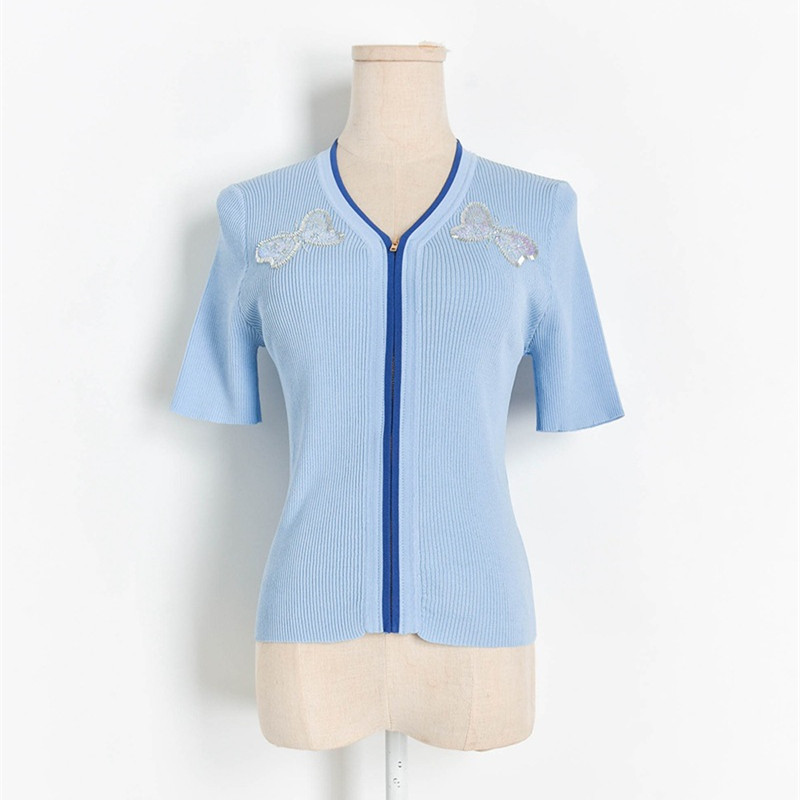 Designer Knitted Pullovers for Women V Neck Hand Beaded Sequined Butterfly Zipper Knitted Short Sleeve Sweater, Blue
Designer Knitted Pullovers for Women V Neck Hand Beaded Sequined Butterfly Zipper Knitted Short Sleeve Sweater, Blue
