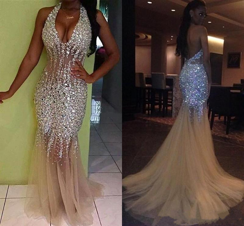 Stunning Bling Bling Crystals Mermaid Prom Dresses Long African Girls Sexy Backless Evening Gowns Halter V Neck Beaded Sweep Train