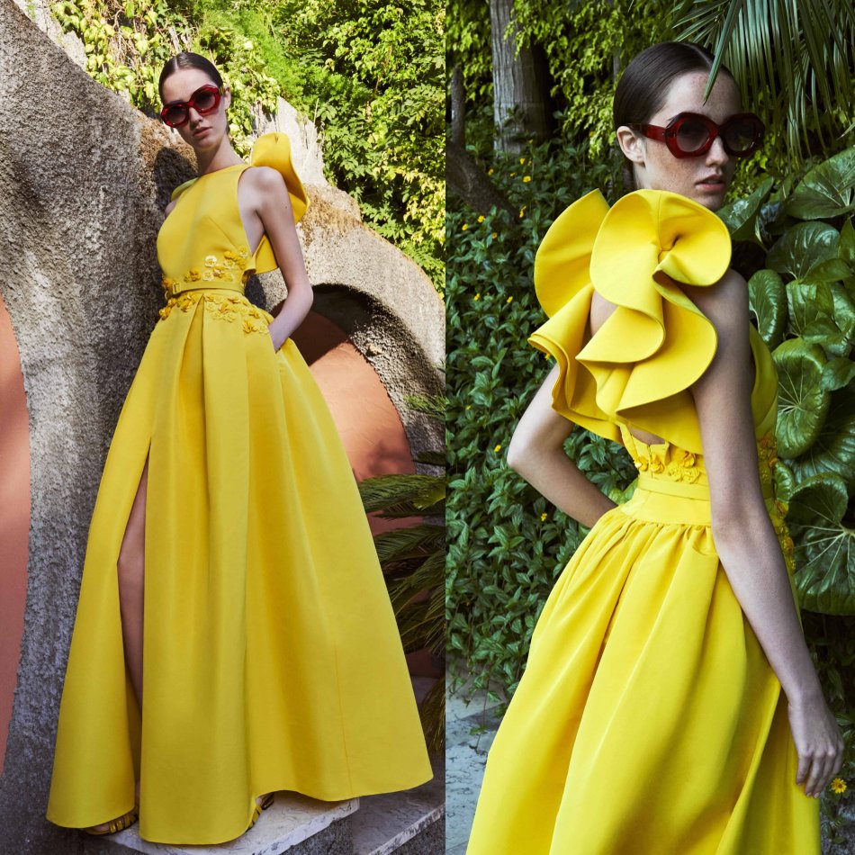 2020 Azzi&Osta Yellow Prom Dresses Front Split Ruffles Floral Appliqued Satin Backless Evening Gowns Floor Length Formal Dress Party Wear