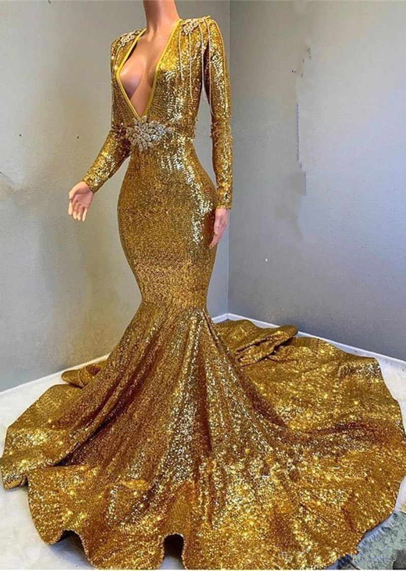 2019 New Gold Sparkling Long Sleeves Sequins Mermaid Prom Dresses Deep V Neck Beaded Stones Backless Sweep Train Party Evening Gowns
