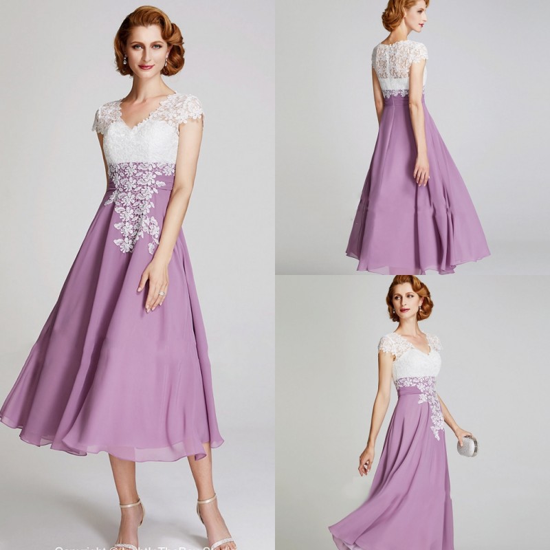 Cheap 2019 Mother Of The Bride Dresses Lace Appliqued Tea Length Groom Mothers Dress A Line Wedding Guest Formal Gowns