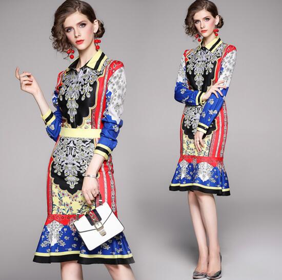 Autumn new European and American retro print shirt + slim fishtail skirt suit, As the picture
Autumn new European and American retro print shirt + slim fishtail skirt suit, As the picture