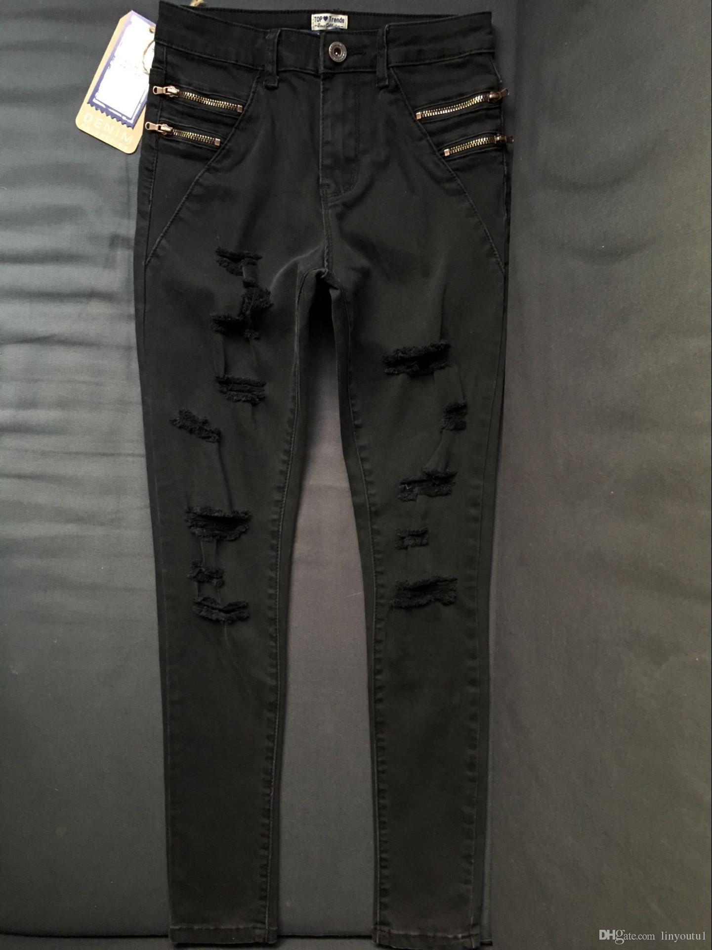 2020 Women Skinny Jeans Girls Pants Holes Knees Pencil Pants Casual Pants Black Elastic Shredded Jeans Black Ripped Jeans