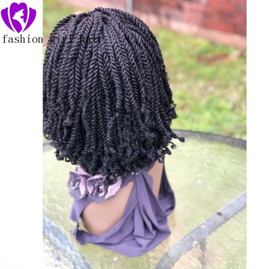 Middle part full density 14inche Short Bob Synthetic Lace Front braids Wigs for africa women Crochet braided kinkyTwist Wig with curly tips