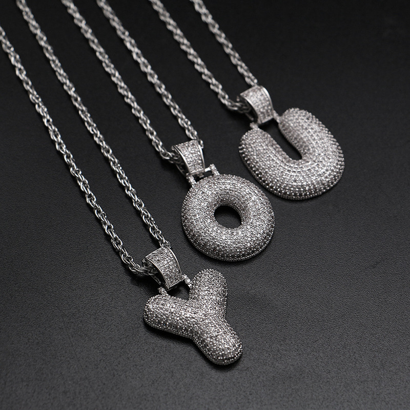A-Z Custom Name Bubble Letters Necklaces & Pendant Charm For Men Women Bling White Zircon