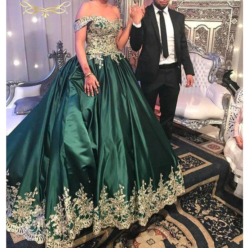 Hunter Green Ball Gown Satin Long Prom Dresses 2020 Off the Shoulder Lace Appliques Evening Dresses Formal Party Wear Robe De Soiree