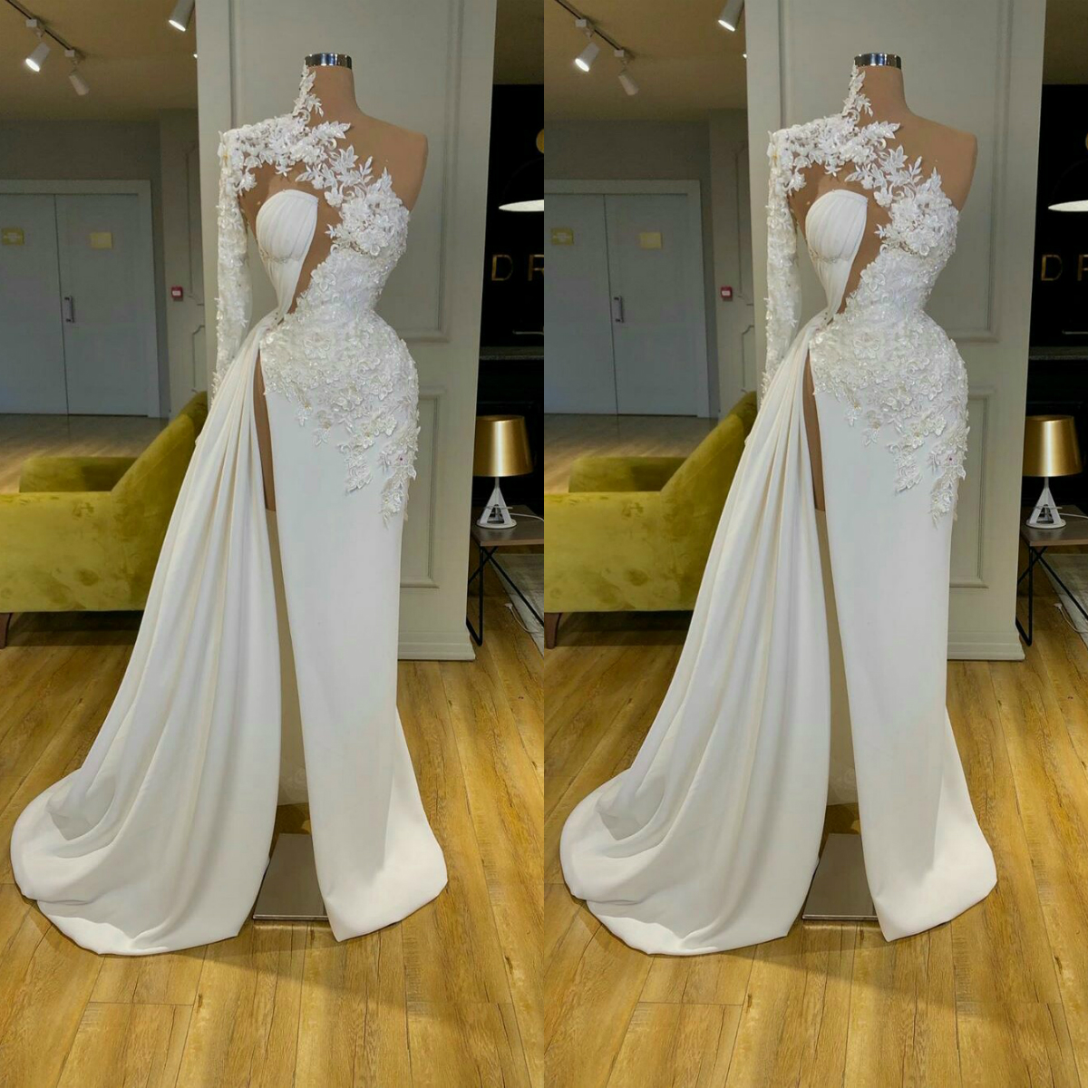 White Mermaid Split Evening Dresses High Neck One Shoulder Long Sleeve Prom Dress Saudi Arabia Lace Party Dress For Weddings Robe De Soiree