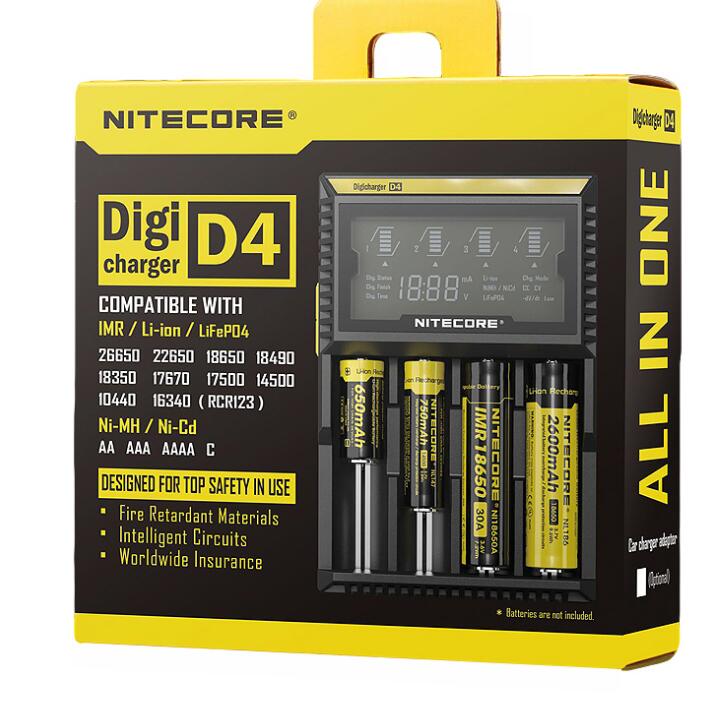 

Nitecore D4 Digi charger LCD Display Universal Fit 18650 14500 16340 26650 18350 Mod Battery with Charging Cable