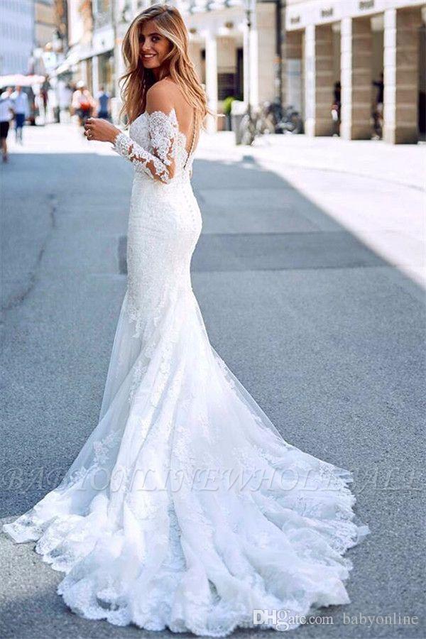 Elegant Romantic Lace Mermaid Dresses Off Shoulder Tulle Sheer Sleeve Appliqued Long Train Wedding Dress Bridal Gowns Bohemian