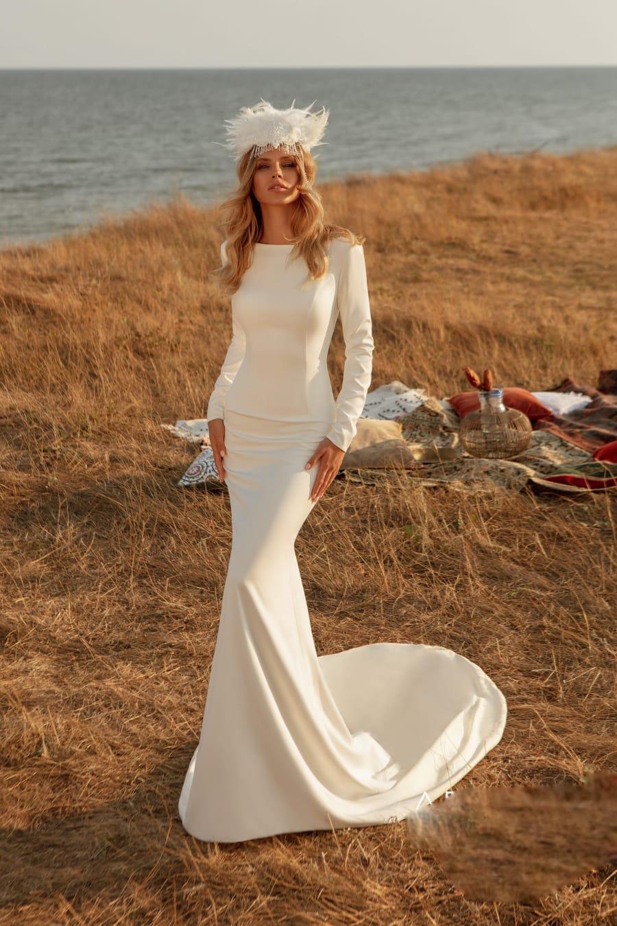 modest mermaid satin wedding dresses long sleeve backless bridal gowns sweep train boho country wedding dress robe de marie