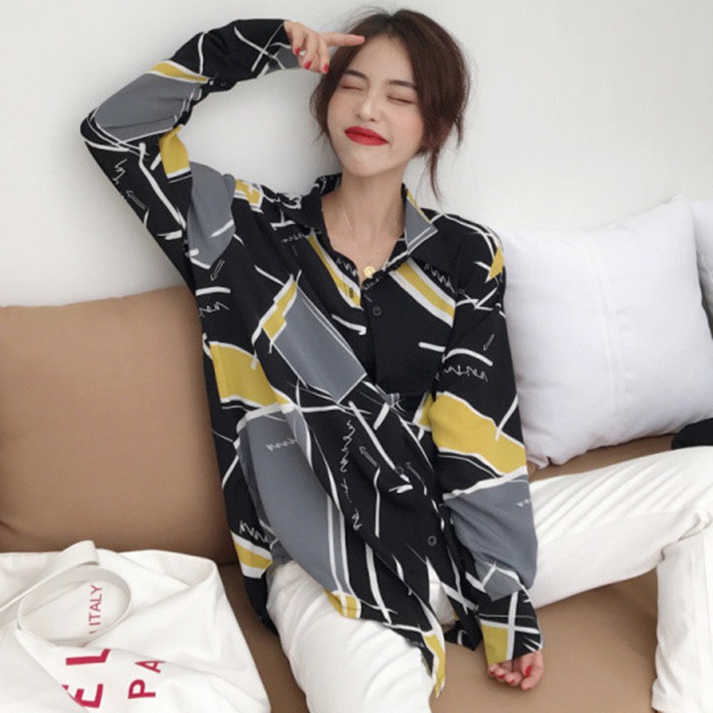 Chiffon Elegant Shirt Women Blouses Shirt 2019 Autumn Turn-Down Collar Geometric Print Long Sleeve Blusas Feminina Tops