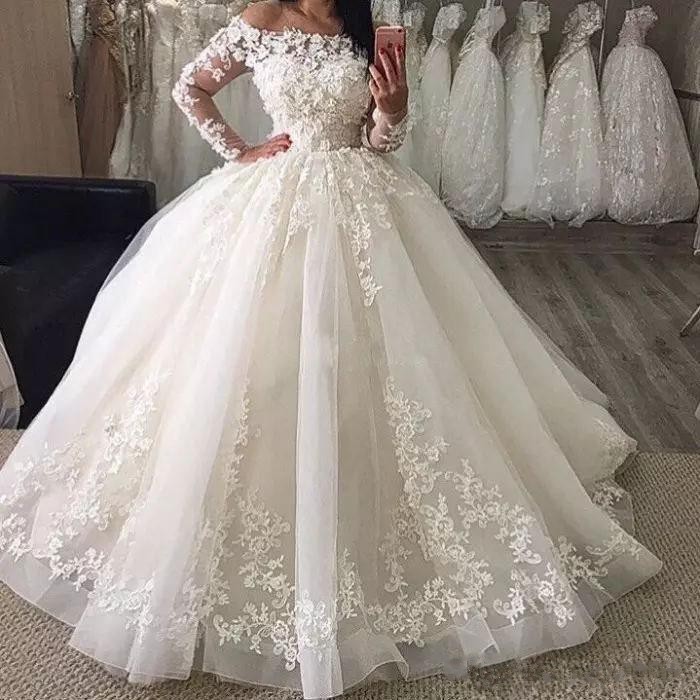 Spring 2020 Big Puffy Ball Gown Wedding Dresses Off The Shoulder Neckline Sheer Long Sleeves Beautiful Lace and Tulle Bridal Gowns Customize