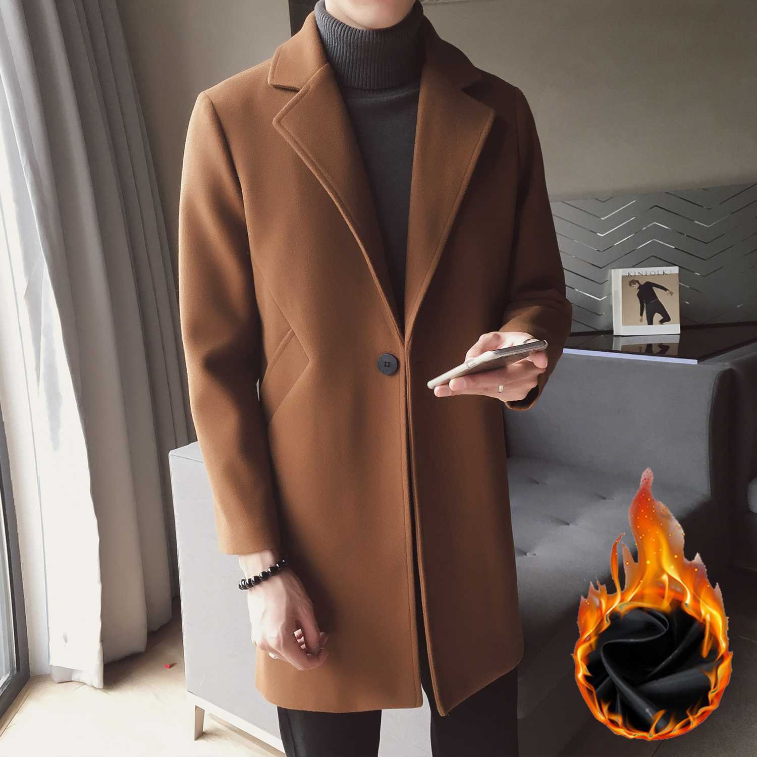 Winter Long Wool Coat Man Brown Warm Man Coat Korean Slim Fit Long Jacket Men Trend Brown Black Coat Men Casaco Masculino CJ191212