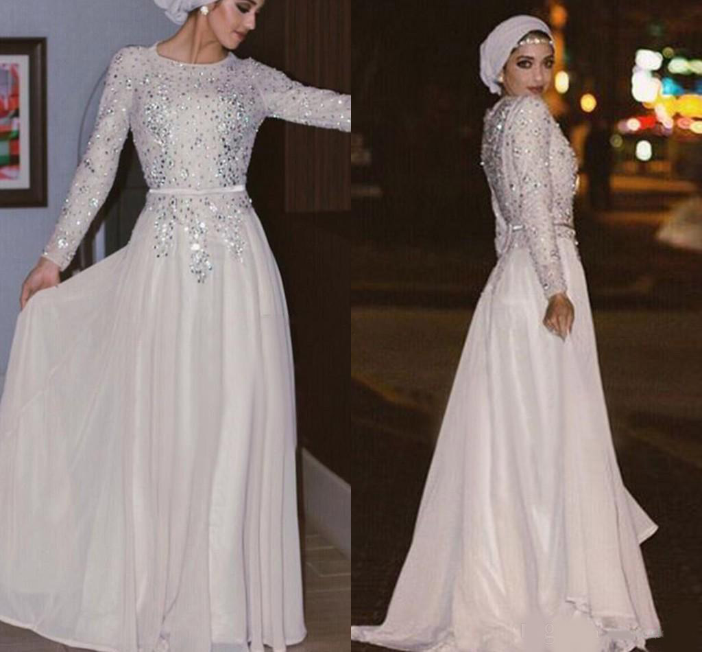 

Sparkly Long Sleeves Muslim Evening Dresses Sequins Crystal Chiffon Floor Length Silver White Prom Dresses Arabic Abaya Party Dresses, Nude