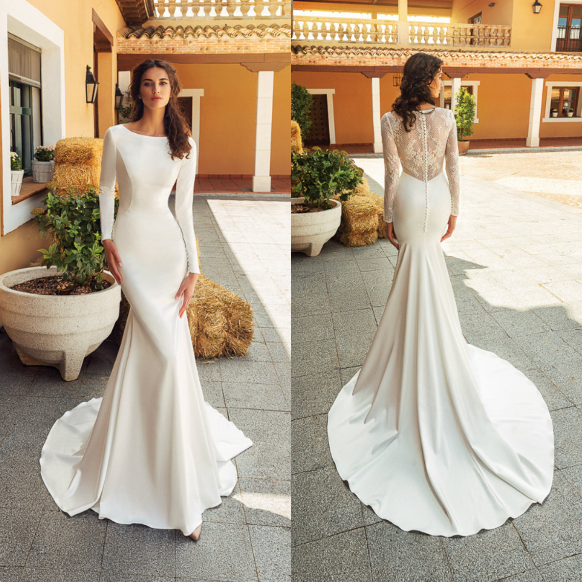 2020 Mermaid Wedding Dresses Jewel Long Sleeves Lace Satin Bridal Gowns Button Back Sweep Train Wedding Dress Robe De Mariee, Pink
2020 Mermaid Wedding Dresses Jewel Long Sleeves Lace Satin Bridal Gowns Button Back Sweep Train Wedding Dress Robe De Mariee, Pink