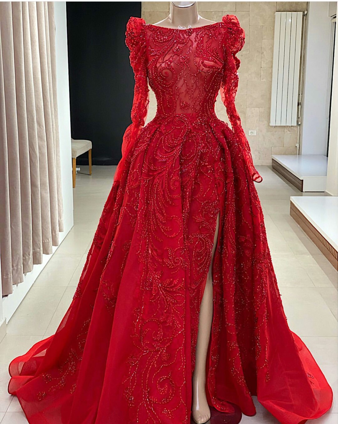 red beading mermaid prom dresses bateau sheer long sleeve appliques evening dress party red carpet formal wear ogstuff robes de soire