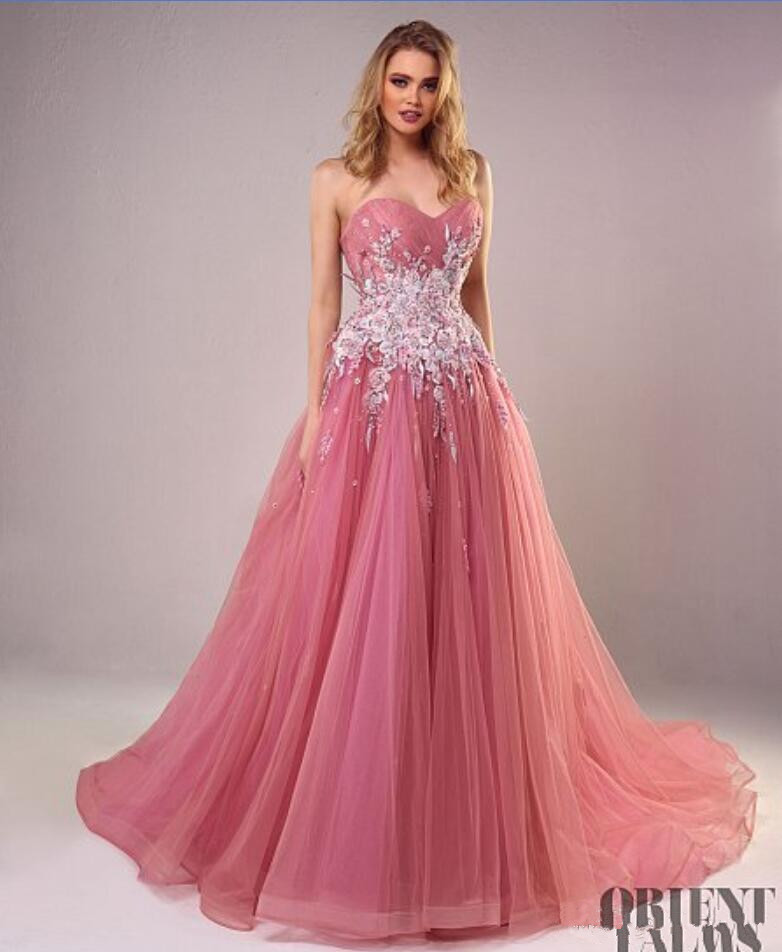 Tony Chaaya 2019 Blush Prom Dresses Sweetheart Beaded Lace Appliqued Tulle A Line Evening Gowns Sweep Train Formal Party Dress