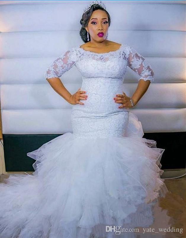 plus size mermaid wedding dresses half sleeves lace appliques bridal gowns tiered skirts tulle sweep train wedding dress cheap