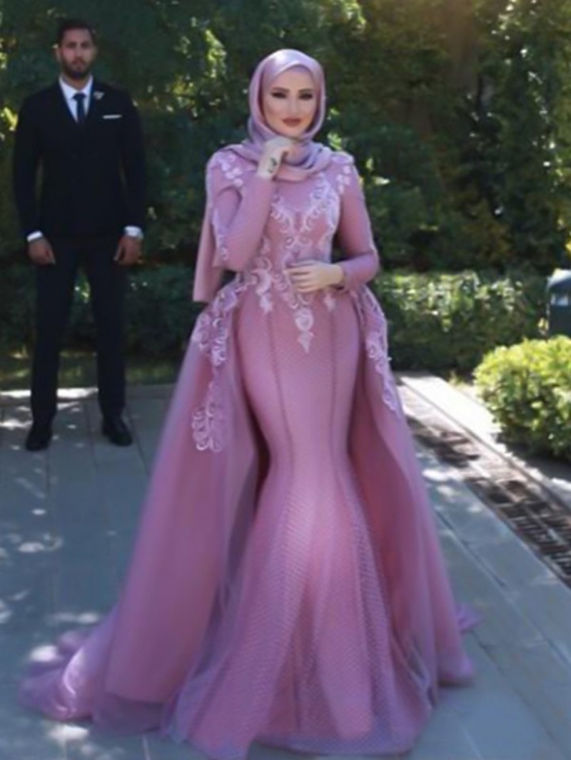 Dubai Purple Mermaid Muslim Wedding Dresses High Neck Lace Applique With Detachable Train Bridal Gowns Plus Size Saudi Arabic Wedding Gown