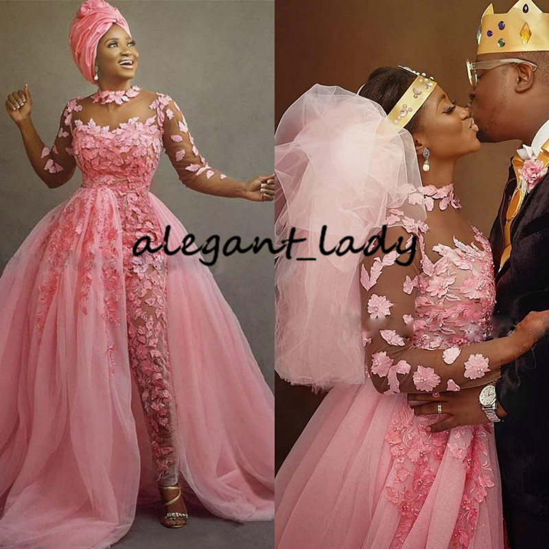 Hot Pink Nigerian African Wedding Jumpsuit With Detachable Train 2020 Plus Size Sheer Jewel Neck 3D Floral Lace Tulle Bride Dress Pant Suit