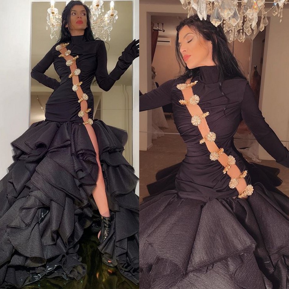 2020 Black Zuhair Murad Evening Dresses High Neck Crystal Ruffles Tiered Skirts Long Sleeve Prom Dress Party Wear Formal Occcasion Gowns