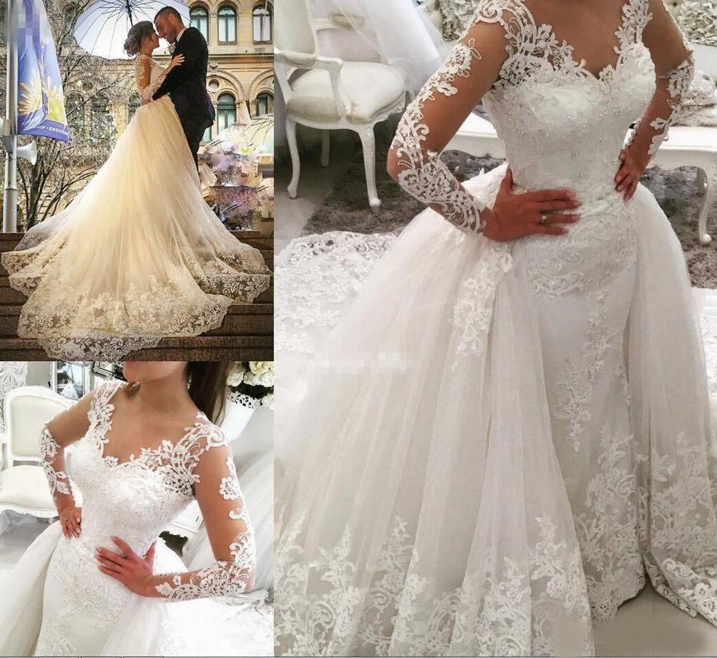Vintage Long Sleeve Mermaid Wedding Dresses With Detachable Train V Neck Crystal Bridal Dress Full Lace Applique Backless Wedding Gowns