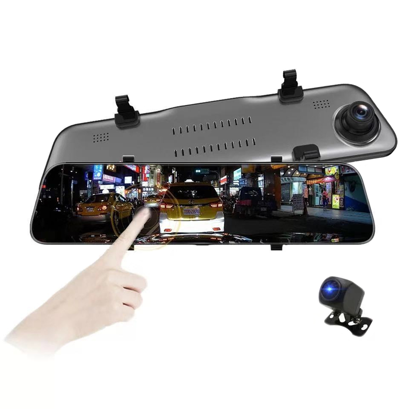 12" big touch screen stream media camcorder 2Ch rearview mirror car DVR Hisilicon chip Sony image sensor 170°+140° FOV 2K+1080P recording