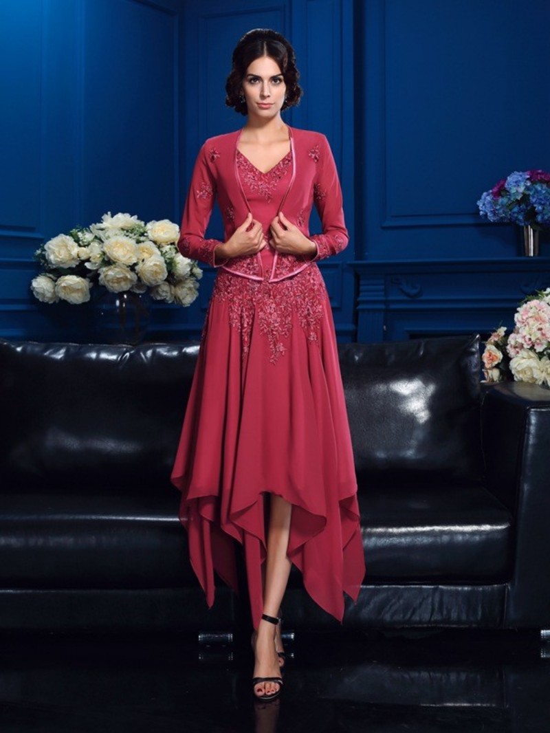 2019 Elegant Mother Of The Bride Dresses With Jacket Lace Appliqued Chiffon Wedding Guest Dress Long Sleeve Evening Gowns Formal Party Wear