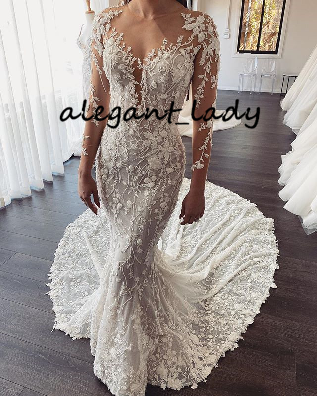 Luxury Mermaid Beach Wedding Dress with Long Sleeve 2020 Full Lace Embroidery Chapel Train Arabic Dubai Muslim Bride Gown Traine Mariage
