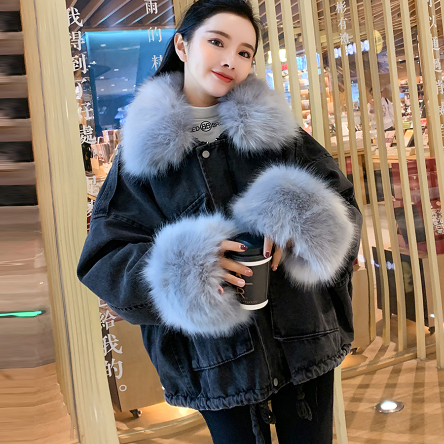 Casual Cotton Liner Fur Collar Denim Jackets Women Korean Loose Hardy Warm Black Denim Coat Female Winter Cowboy Parka Outwear T200111