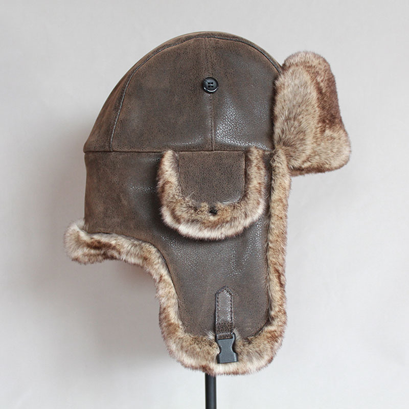 Bomber Hats Winter Men Warm Russian Ushanka Hat with Ear Flap Pu Leather Fur Trapper Cap Earflap D19011503