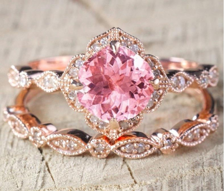 Morganite Rings For Women Engagement Anniversary Band Ring Set Pink Gemstone Valentine's Gift Y19051602