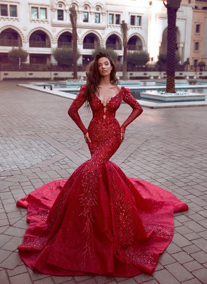 Luxury Red Mermaid Prom Dresses Bling Sheer Long Sleeve Lace Applique Sequins Sweep Train Formal Evening Dresses Custom Made Pageant Dresses