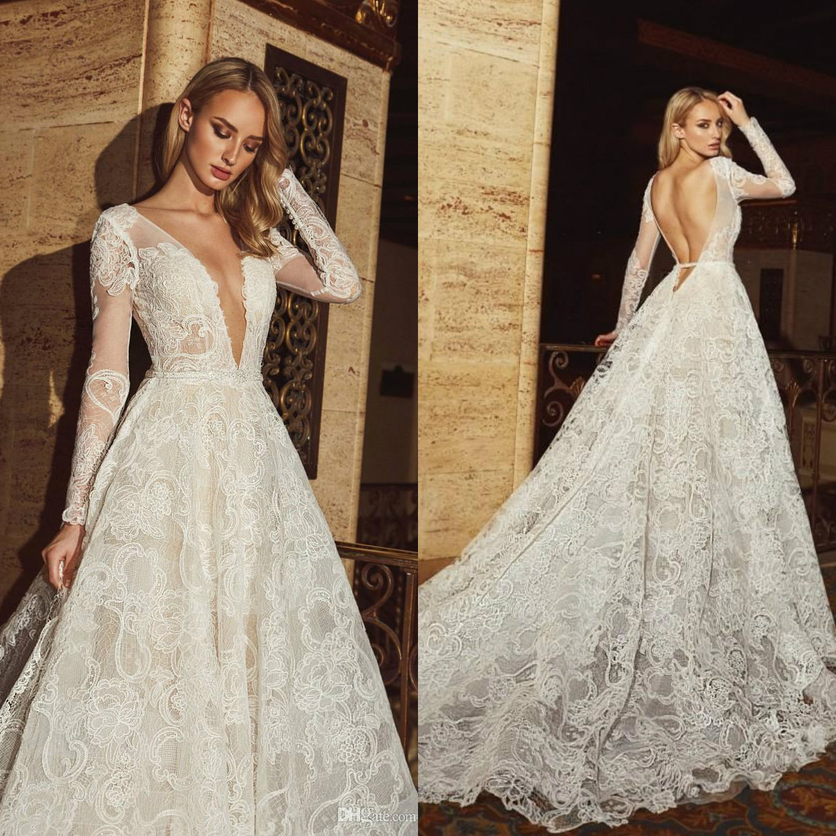 Calla Blanche Dresses Long Sleeves V Neck Lace Appliqued Boho Bridal Gowns Backless A Line Beach Wedding Vestidos De Novia 0505 0505