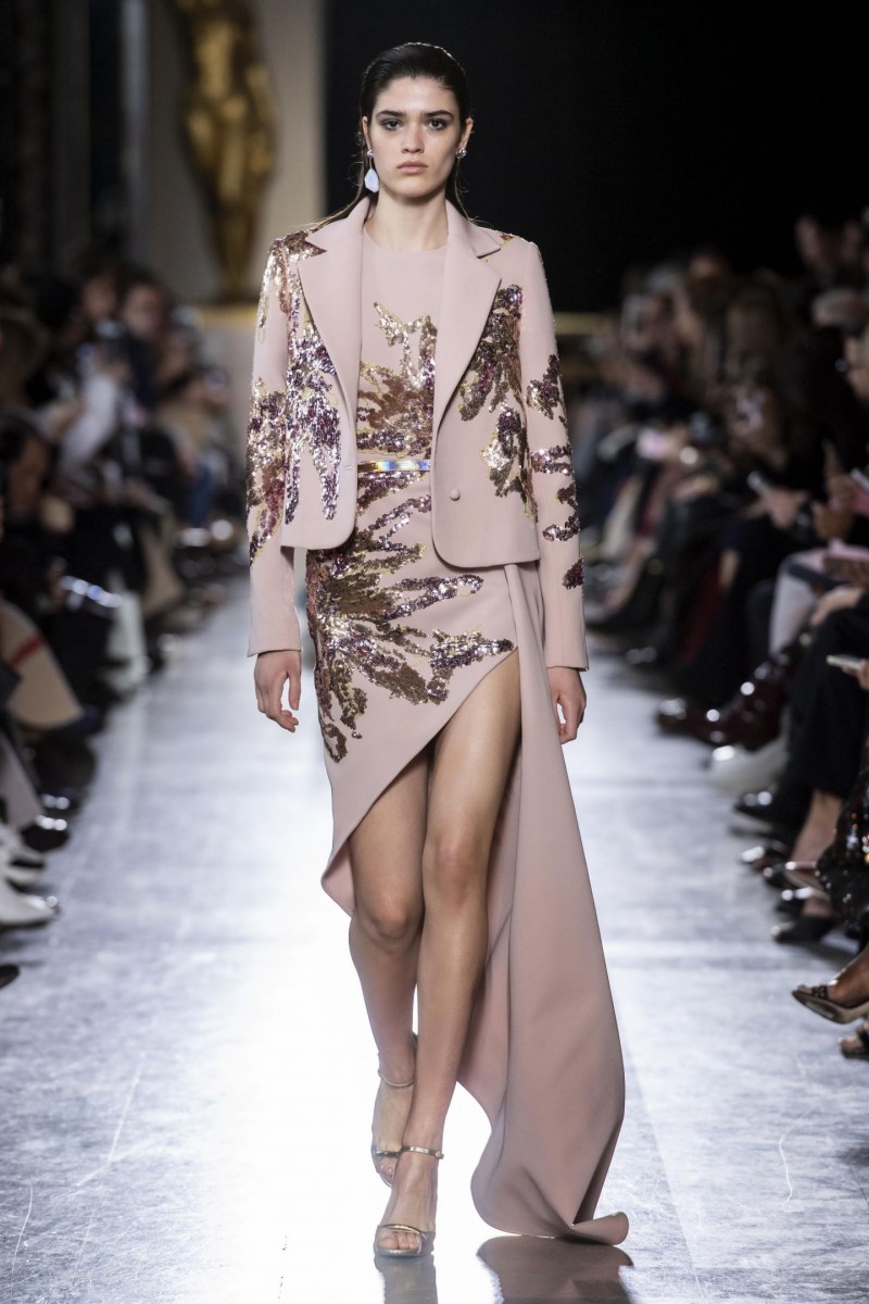 elie saab side split evening dresses with jacket jewel neck sequined beads prom gowns satin long sleeve party dress