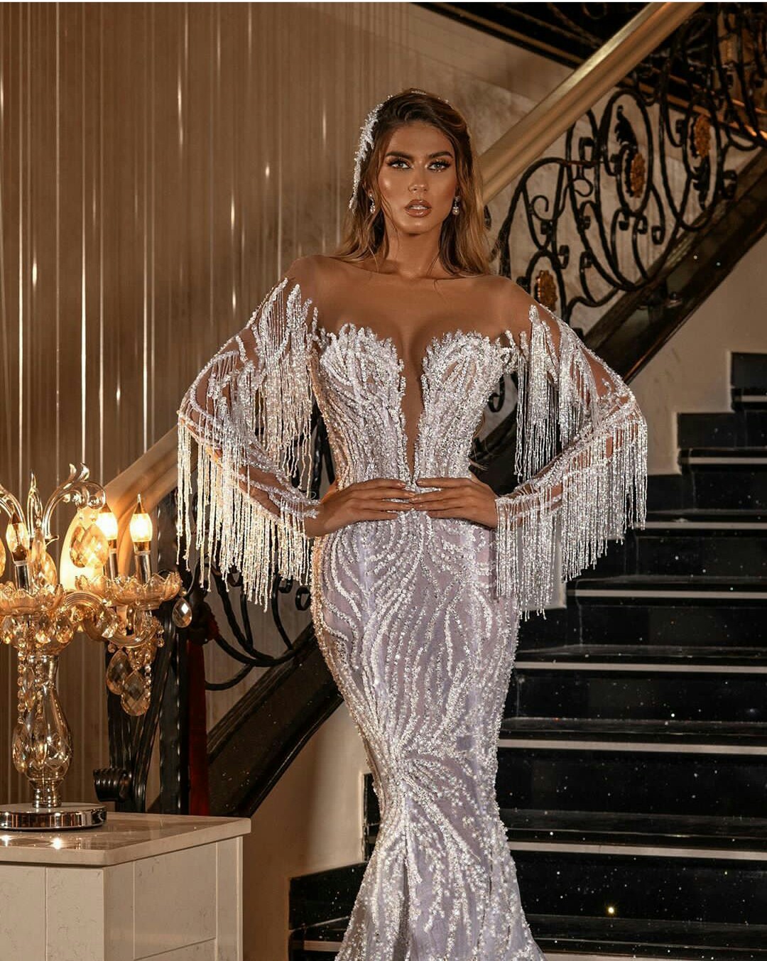 Sparkly South African Luxury Mermaid Wedding Dresses Beading Tassel Long Sleeve Bridal Gowns Vestido De Novia Sexy Illusion Sequins Wedding