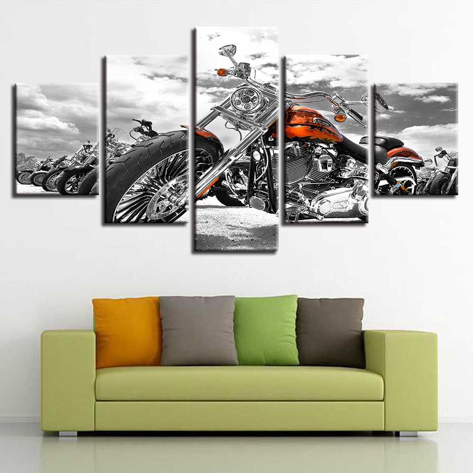 Canvas Pictures Poster Modular Prints Wall Art 5 Pieces Motorcycle Black And White Painting Decor Living Room Or Bedroom(No Frame)