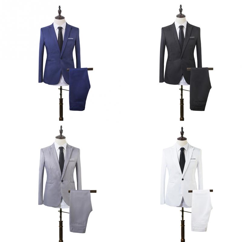Solid Color Fashion Men's Two Piece Suit Business Formal Wear Blazer And Pants Set B3
